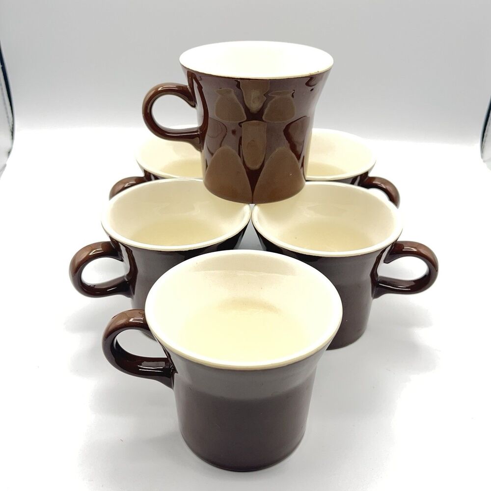 60s USA Pottery Brown and Cream Ceramic Coffee Mugs, Set of 6